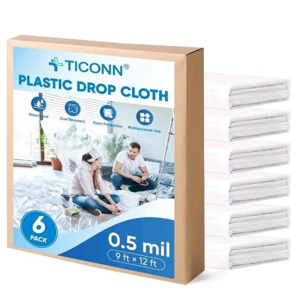 TICONN 12 x 9 Ft Plastic Drop Cloth for Painting, Waterproof 0.5 Mil, Clear